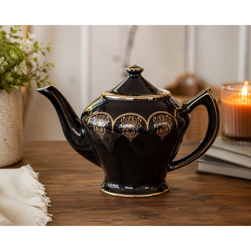 Hall China 0230 Black Gold Filigree 6 Cup Teapot Vintage Made in USA Ceramic